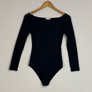 Sézane Paris Ribbed Long Sleeve Black Bodysuit Hook-and-Eye Closure M